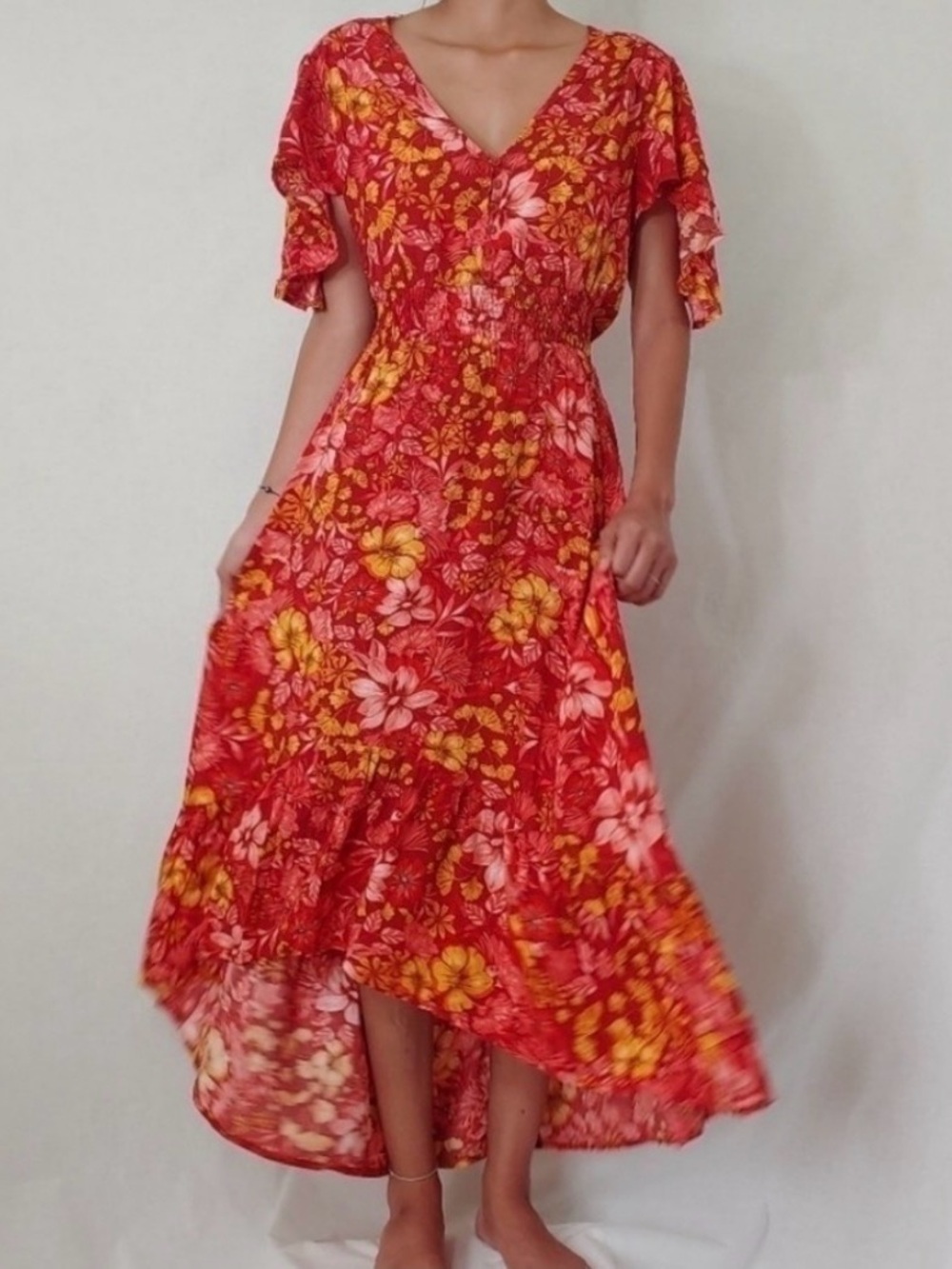 Anthropologie Osaka Floral Smocked V-Neck Button Detail Midi High-Low Dress XS